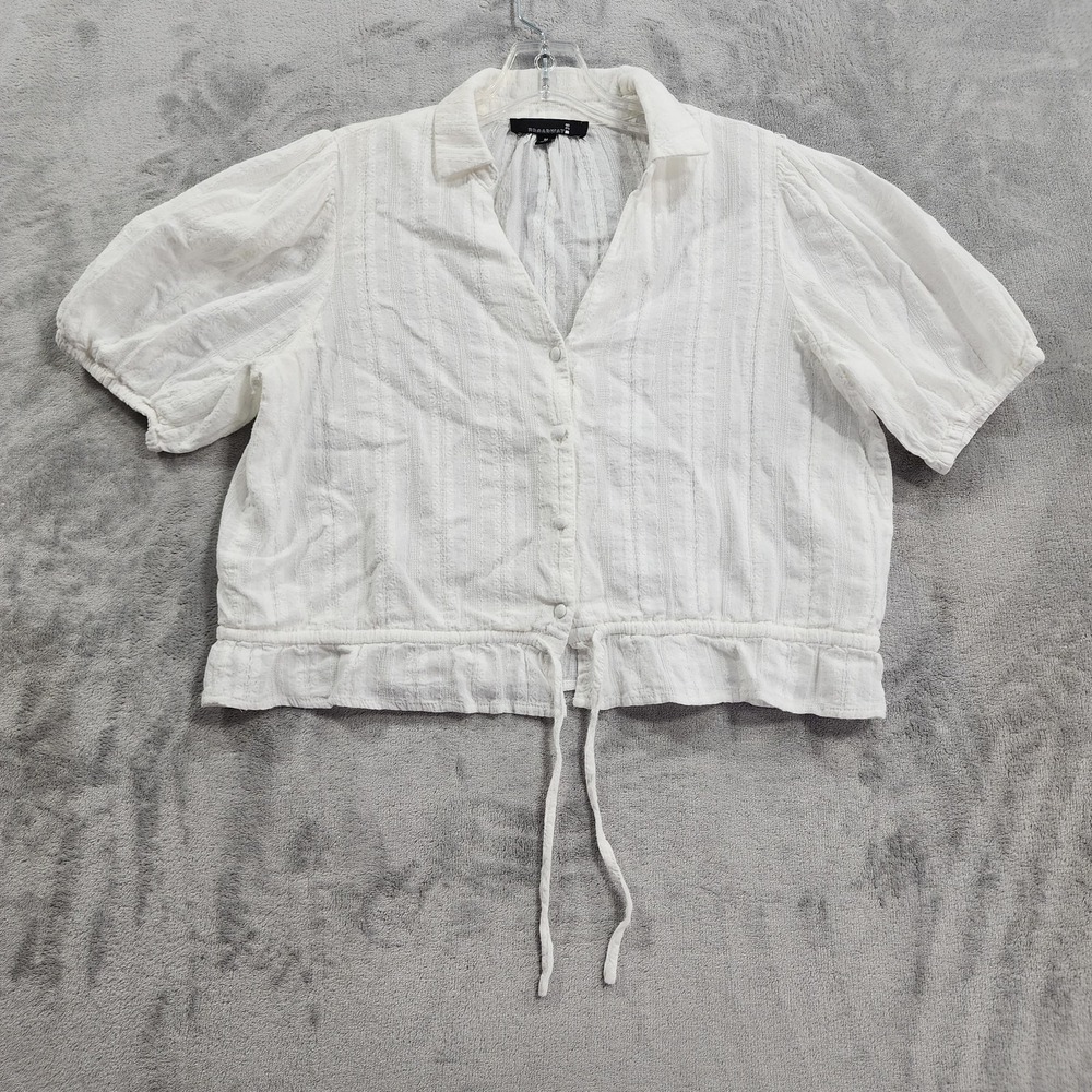 Broadway 38 Top Womens M White Button Up Cropped Puff Sleeve Blouse Cotton Gauze